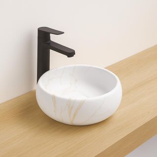 Vasque Ronde à Poser Sora - Céramique - Marbre Blanc - Dim : D.36 X H.12 Cm