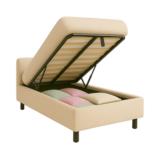 Lit Coffre 90x190cm Tissu Bouclette Sable - Espace De Rangement XXL - Sommier + Tête De Lit