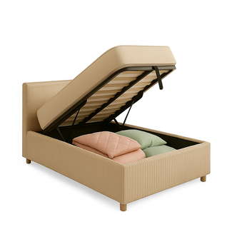 Lit Coffre 90x190cm Velours Cotelé Beige - Espace De Rangement XXL - Sommier + Tête De Lit