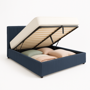 Lit Coffre 200x200cm Velours Cotelé Bleu - Espace De Rangement XXL - Sommier + Tête De Lit