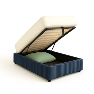 Lit Coffre 90x190cm Velours Cotelé Bleu - Espace De Rangement XXL - Sommier à Lattes Inclus