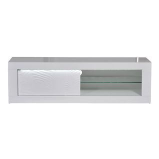 Meuble TV Laqué Blanc Porte Coulissante Et LEDs - Dayton White