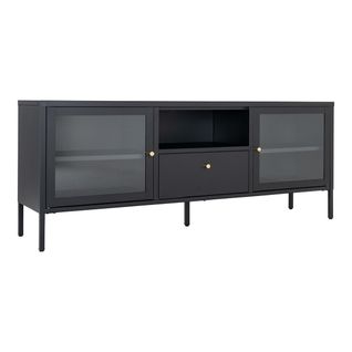 Meuble TV 2 Portes Vitrées 1 Tiroir 1 Niche En Métal Laqué Noir - Hugo