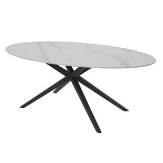 Table Céramique Imitation Marbre Blanc Pieds Étoile Métal Noir - Audrey