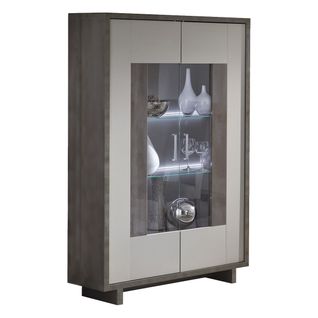 Vitrine 2 Portes Gris Acier Metallisé Et Gris Mat Avec LEDs - Auxane
