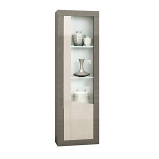Vitrine 1 Porte Droite Décor Bois Gris Veiné Et Beige Avec LEDs - Gondor