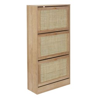 Meuble à Chaussures 3 Portes Basculantes Effet Bois Et Façades Rotin - Maya