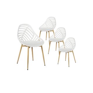 Lot De 4 Chaises De Jardin Coque Plastique Ajourée Blanc Pieds Métal - Saori