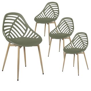 Lot De 4 Chaises De Jardin Coque Plastique Ajourée Vert Olive Pieds Métal - Saori