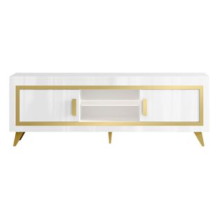 Meuble TV 2 Portes Laqué Blanc Et Décor Doré Avec LEDs - Jemma