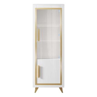 Vitrine 1 Porte Droite Laquée Blanc Et Décor Doré Avec LEDs - Jemma