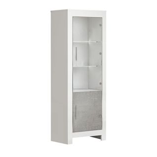 Vitrine Droite Laquée Blanc Brillant Et Gris Marbré Avec LEDs - Denae
