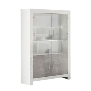 Vitrine 4 Portes Laquée Blanc Brillant Et Gris Marbré Avec LEDs - Denae
