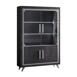 Vitrine 4 Portes Effet Marbre Anthracite Finition Argent Avec LEDs - Gueda