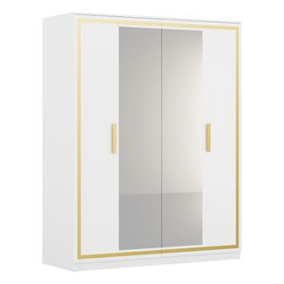 Armoire 4 Portes Laquée Blanc Et Décor Doré Avec Miroirs - Jemma