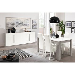 Ensemble Séjour Blanc Et Marbre Table 190cm + Buffet 4 Portes - Clark