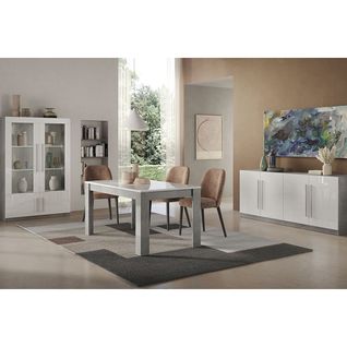 Ensemble Séjour Complet Blanc Et Marbre Table 190cm + Buffet + Vitrine Avec LEDs - Clark