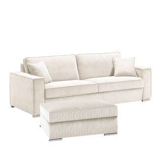 Canapé Fixe 4 Places Velours Côtelé + Pouf Blanc - Sorian