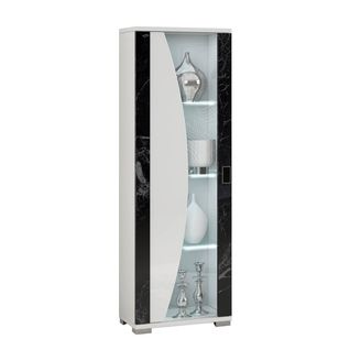 Vitrine 1 Porte Blanc Eclairage LED Intégré Avec Décor Latéral Aspect Marbre Noir - Ariane