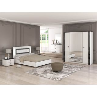 Chambre Lit 160x200 Cm + Chevets +  Commode + Armoire Laquée Blanc Avec Décor Noir - Gaïa