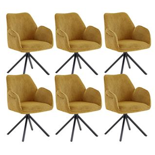 Lot De 6 Fauteuils De Table Pivotants Tissu Velours Côtelé Jaune - Delia