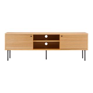 Meuble TV 2 Niches 2 Portes Effet Tasseaux Teinté Chêne Clair - Lowan