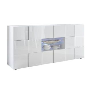 Buffet 2 Portes 2 Tiroirs Finition Blanc Laqué Weiss Relief Damiers Et LEDs - Rebecca