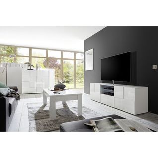 Ensemble Salon Complet Meuble TV 181 Cm Blanc Laqué Weiss Relief Damiers - Rebecca