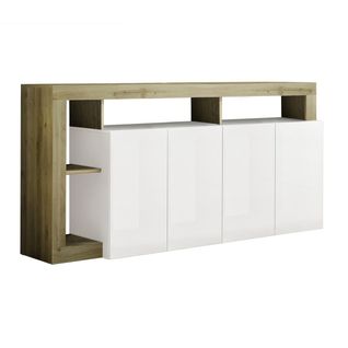 Buffet 4 Portes Blanc Laqué Encadrement Niches Aspect Bois Cadiz - Arturo