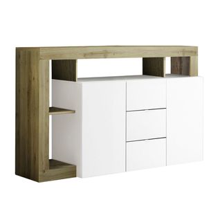 Buffet 2 Portes 3 Tiroirs Blanc Laqué Encadrement Niches Aspect Bois Cadiz - Arturo