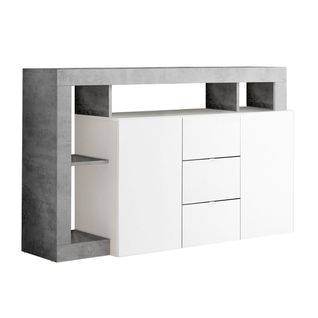 Buffet 2 Portes 3 Tiroirs Blanc Laqué Encadrement Niches Aspect Cimento - Arturo