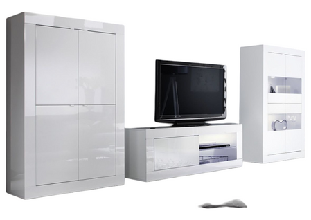Ensemble Salon Avec Vitrine 4 Portes Finition Blanc Laqué Weiss Avec LEDs - Otello