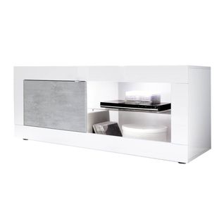 Meuble TV 1 Portes 2 Niches Finition Blanc Laqué Et Aspect Béton Avec LEDs - Otello