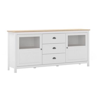 Buffet 2 Portes Semi Vitrées 3 Tiroirs En Pin Massif Naturel Et Blanc - Mask