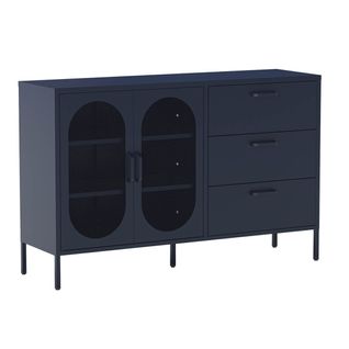 Buffet 2 Portes Ajourées 3 Tiroirs En Métal Bleu Foncé - Olivia