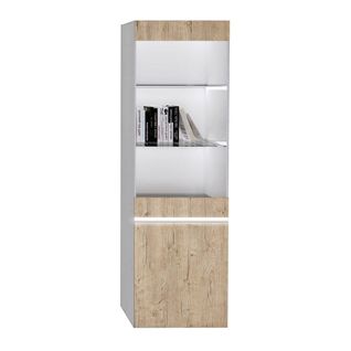 Vitrine 1 Porte Laquée Blanc Brillant Aspect Bois Avec LED - Chris Oak