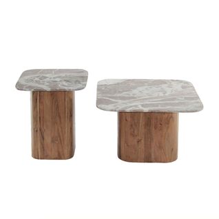 Lot De 2 Tables Basses Plateau Marbre Naturel Piètement Acacia - Angele