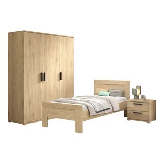 Chambre Enfant Lit 90x200cm + Chevet + Armoire 3 Portes Aspect Chêne Clair - Marco
