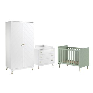 Chambre Avec Lit Bébé Vert + Table à Langer + Armoire 2 Portes - Tiny White