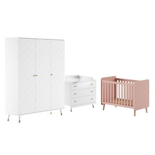 Chambre Avec Lit Bébé Rose + Table à Langer + Armoire 3 Portes - Tiny White