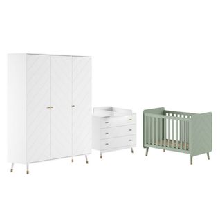 Chambre Avec Lit Bébé Vert + Table à Langer + Armoire 3 Portes - Tiny White