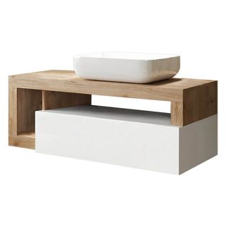 Meuble Vasque 110cm Suspendu 1 Tiroirs Blanc Laqué Et Aspect Bois Finition Cadiz - Arturo