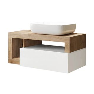 Meuble Vasque 92cm Suspendu 1 Tiroirs Blanc Laqué Et Aspect Bois Finition Cadiz - Arturo