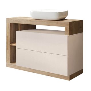 Meuble Vasque 110cm 2 Tiroirs Beige Laqué Et Aspect Bois Finition Cadiz - Arturo