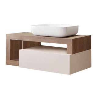 Meuble Vasque 110cm Suspendu 1 Tiroirs Beige Laqué Et Aspect Bois Finition Mercure - Arturo