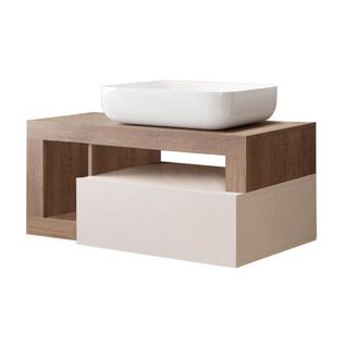 Meuble Vasque 92cm Suspendu 1 Tiroirs Beige Laqué Et Aspect Bois Finition Mercure - Arturo