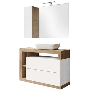 Meuble Vasque 110cm + Miroir Blanc Et Aspect Bois Finition Cadiz - Arturo