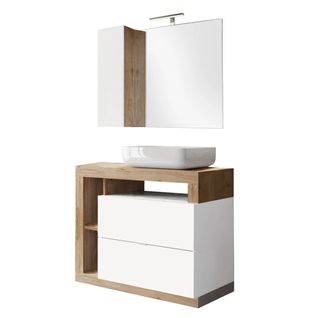Meuble Vasque 92cm + Miroir Blanc Et Aspect Bois Finition Cadiz - Arturo