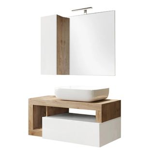 Meuble Vasque 92cm Suspendu + Miroir Blanc Et Aspect Bois Finition Cadiz - Arturo