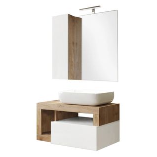 Meuble Vasque 78cm Suspendu + Miroir Blanc Et Aspect Bois Finition Cadiz - Arturo